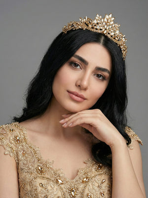 Kristal Taşlı Yaprak Desenli Gelin Tacı Işıltılı Düğün Saç Aksesuarı