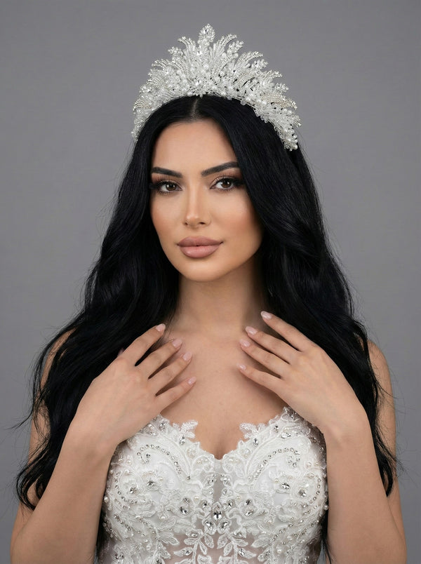 İnci ve Kristal İşlemeli Gelin Tacı