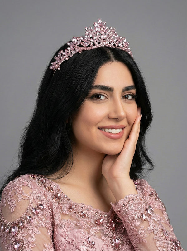 Kristal Taşlı Yaprak Desenli Gelin Tacı Işıltılı Düğün Saç Aksesuarı